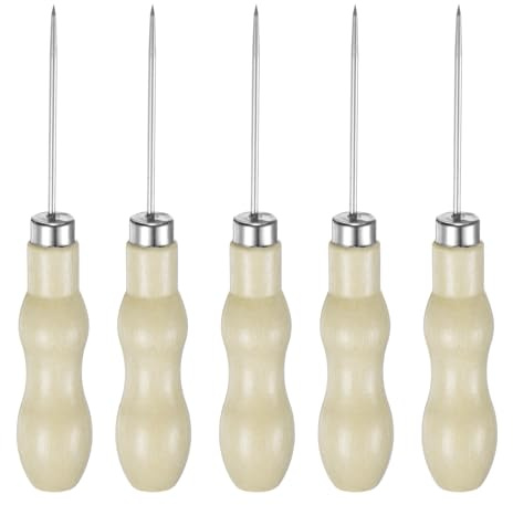 QUARKZMAN 5pz Punteruolo Cucito Mano Doppia Zucca Testa Dritta Punteruolo Pelle Strumento Forare Manico Legno Graffi Filo Rotto Perforazione Cuciture Riparazione Fare Mano Registro