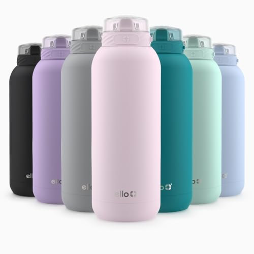 Ello Cooper 40oz Stainless Steel Water Bottle with Straw and Carry Handle, Double Walled and Vacuum Insulated Metal, Leak Proof Locking Lid with Soft Silicone Spout, Reusable, BPA Free, Cashmere Pink