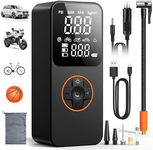 Compresseur à Air Portatif, Gonfleur Pneus Voiture Sans Fil, 3X Plus Vite, 150PSI 6000mAh Pompe a Velo Electrique avec Lumière LED, Mini Gonfleur Electrique Compresseur pour Voiture, Moto, Vélo, Balle