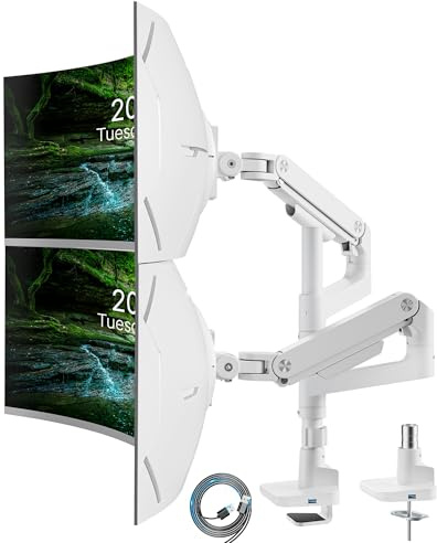 ARES WING Soporte Monitor Double para Pantalla Plana y Curvada de 17-49, Brazo Monitor Doble de Gas con Altura Regulable con inclinaciones, 20 kg/Brazo, con USB A/C Port, VESA 75&100mm,Blanco