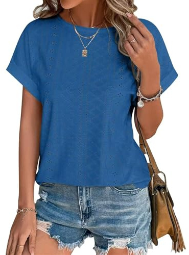Kfnire Magliette Donna Manica Corta Maglietta con Ricamo ad Occhiello Girocollo Camicia Donna Estiva Tee Maglietta Casual T-Shirt Blusa Elegante Traspirante Tinta Unita Tunic Tops di Base