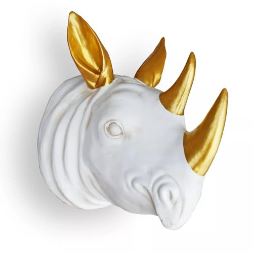 Rhino Head Wall Mount Sculpture, Hanging Rhinoceros Animal Head Ornament Figure Art Décor Resin with Vintage Ivory Gold Finish, Wildlife Indoor Outdoor Decorative Accessories (White Rhino)