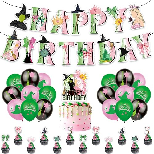 DABAOOU Green and Pink Party Decoration, Balloons, Cupcake Topper, Banner and Cake Topper Set for Witch Princess Themed Movie Party Disco Cosplay Birthday Table Decor Supplies