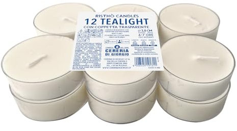 Set 12 maxi-tealight con cup trasparente - Cera Vegetale Colore Avorio - Durata 10 Ore - Diametro 5,7 cm - Cereria Di Giorgio