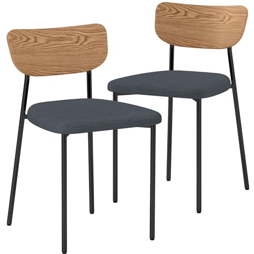 HOMCOM Lot de 2 chaises de Salle à Manger chaises de Cuisine Modernes avec Pieds en Acier, Dossier incurvé et Assise rembourrée pour Salle à Manger, Chambre, Salon, Gris et Effet Bois Naturel