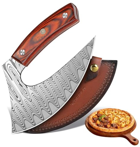 ROCOCO Pizza Cutter Ulu Knife – Full Tang Mezzaluna Rocker Chopper with Sheath for Kitchen, Camping, BBQ, Christmas Gifts Men Women