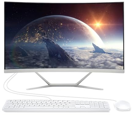 ALNERUZL 24” All-in-One Desktop Computer, N5095 FHD Display Curved Monitor PC 8GB RAM 512 SSD, WiFi and Bluetooth, Keyboard & Mouse, White，for Home Office Gaming