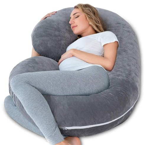 INSEN Pregnancy Pillow for Sleeping, Maternity Pillow with Jersey Cotton Cover,C Shaped Body Pillow for Pregnant (Gray)