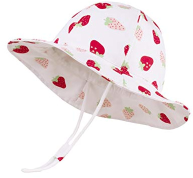 LANGZHEN Sun Hat for Baby Girls Adjustable Toddler Kids Sun Protection Hat Wide Brim Summer Play Hat with Chin Strap (White -Strawberry,6-12Months (48cm /18.9))