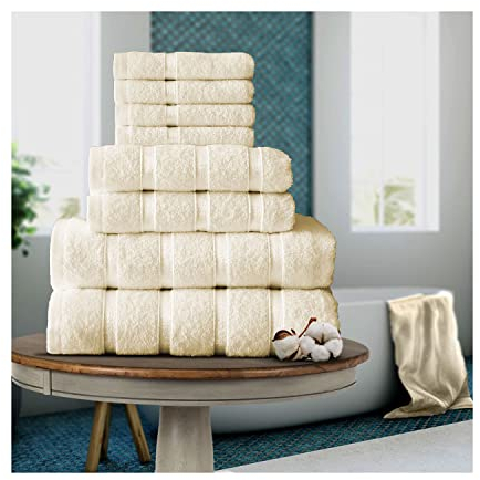 FAIRWAYUK Juego de Toallas de 8 Piezas para baño, Ultra Suaves, absorbentes, 100% algodón Egipcio, 4 Caras, 2 Toallas de Mano, 2 Toallas de baño, Color Crema