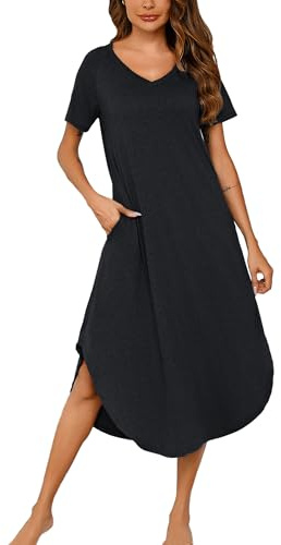 Nieery Chemise de Nuit Femme Coton Manches Courtes Robe de Nuit col V vêtements de Nuit Longue Tee Shirt Nuit avec Poche Robes Casual Femme lâche Robe Maxi