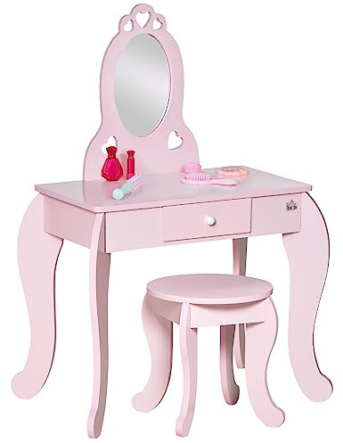 HOMCOM Toeletta Trucco Bambina con Sgabello in Legno, Postazione Trucco Bambina, Tavolo Trucco per Bambini 3-6 Anni con Specchio e Cassetto, Rosa