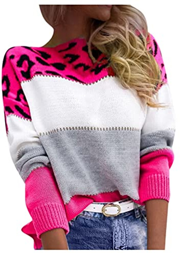 Pullover Damen Leopard Strickpullover Langarm Rundhals Sweater Patchwork Sweatshirt Herbst Winter Elegant Pulli Warme Lose Blusen Oberteile Tops