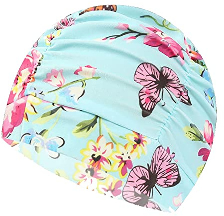 UUYYEO Floral Nylon Swimming Cap Long Hair Swim Cap Stylish Swimming Hat Comfortable Bathing Cap Large Cloth Swim Cap for Women Girls Blue