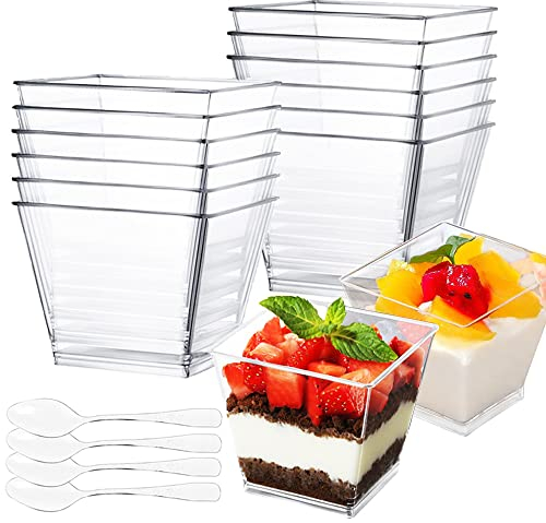 50 Stück Dessertgläser Plastik mit Löffeln, 60ML Dessertbecher Klare Dessertschalen Wiederverwendbar Quadratischer Desserttassen Trapezoid Becher für Zuhause Desserts Pudding Mousse Eis Party