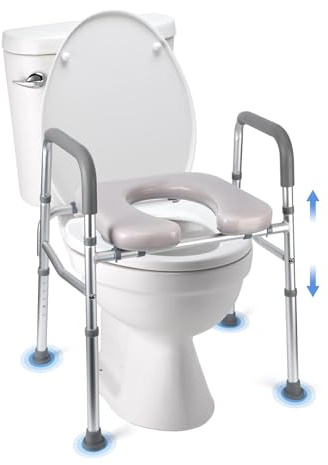 Raised Toilet Seat, 350LB Stand Alone Homecare Commode Bathroom Assist Frame for Elderly, Handicapped, Disabled, Adjustable Height, Padded Seat