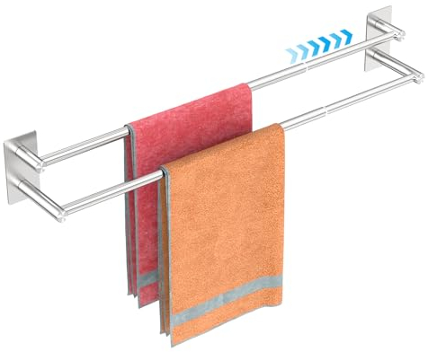 Double Porte-Serviettes Autocollant pour Salle de Bain, Montage Mural Extensible 40-75cm, Acier Inoxydable Brossé 304, pour Salle de Bain et Cuisine, Résistant à La Rouille et Aux Rayures - Argenté
