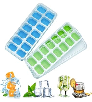 Ice Cube Trays 2 Packs Silicone Ice Cube Moulds with No-Spill Removable Lid, Easy-Release Flexible Ice Trays for Freezer, Whiskey, Cocktail and Drink (Blue & Green) (One Size, 2, Count)