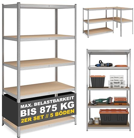STEELSØN Arax Regal, Schwerlastregal, Eckregal stehend, Kellerregal, Lagerregal 204x100x50 cm, höhenverstellbare Ablagen, maximale Belastbarkeit pro Regal 875kg, Stahl Silber