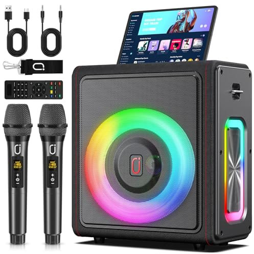 Máquina de karaoke, altavoz portátil Bluetooth 5.3 con 2 micrófonos inalámbricos para adultos, sistema PA con corrección de tono y ajuste de eco, soporta tarjeta TWS/TF/USB/AUX/Live/REC para fiesta en