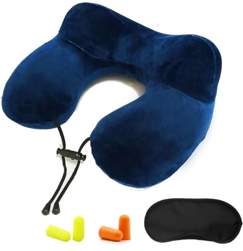 Constefire Cuscino da Viaggio Gonfiabile a 2 Supporti,Cuscino per il Collo Ergonomico con Tappi per le Orecchie e Maschera per gli Occhi Ideale per viaggiare in aereo,auto e treno (grigio) (Blu)