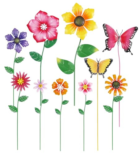hogardeck Garden Decor for Outside, Set of 10 Metal Flowers Decorative Garden Stakes for Spring Decor, Yard Art Garden Decorations for Outdoor Lawn Porch Pathway (Multi-Color) (Color b)