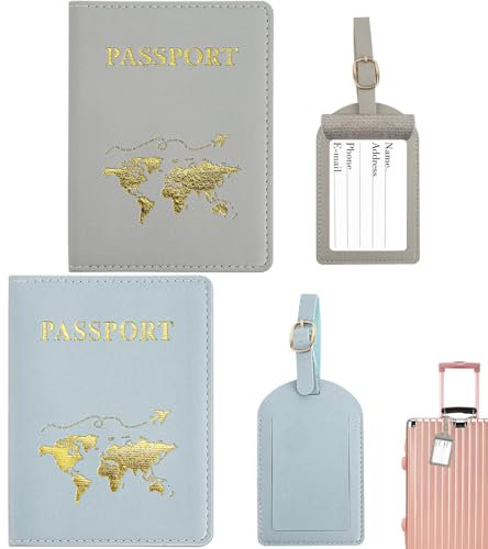 ZDNT Reisepasshülle,2 Stück Reisepasshülle mit 2 Kofferanhänger,Passport Holder,Passport Cover,Passport Hülle,Reisepasshülle Kofferanhänger für Kreditkarten,Ausweis und Reisedokumente ((Blau,grau))