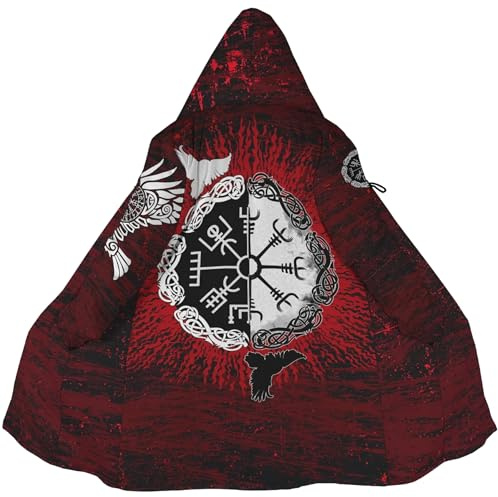 Viking Duffle Coat Men 3D Tattoo Raven Vegvisir Long Wool Coat, Lambswool Fuzzy Soft Parka Harajuku Style Oversize Capes