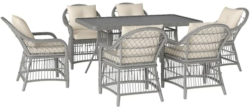 Outsunny Rattan Dining Set with Seat and Back Cushions, 6 Seater Garden Furniture Set with Aluminium Frame, 6 Chairs, WPC Top Rectangle Table, Conservatory Wicker Patio Furniture, Grey