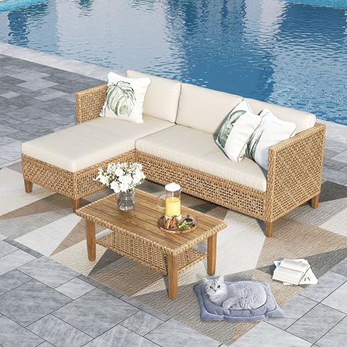 PHI VILLA 3 Pieces Rattan Garden Furniture with Outdoor Coffee Table, L Shaped Patio Wicker Corner Sofa Sectional Furniture Set with Thickened Cushions and Pillows for Balcony Backyard Porch, Beige