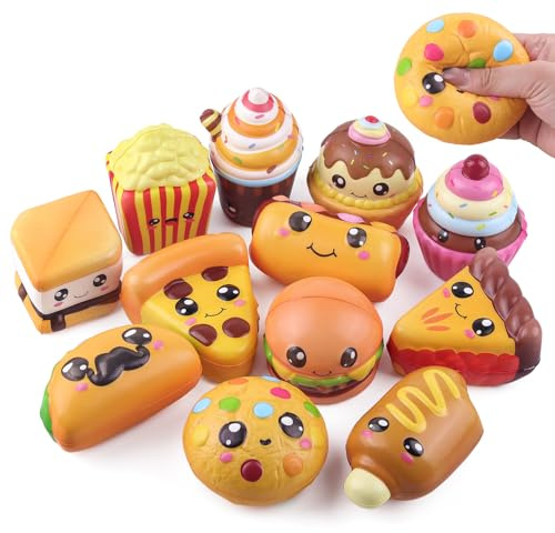 Anboor 12 stycken livsmedelsbaserade Slow Rise Squishies leksaker, Smore Pizza Keks Hamburger EIS Kuchen Pommes Hotdog Taco Långsamt återfjädrande klämleksak, fidget leksaker för stressreducering