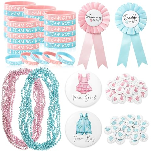 JarThenaAMCS 48 Sets Baby Gender Reveal Party Favors Supplies Team Boy or Girl Button Pins Silicone Wristbands Blue Pink Bead Necklaces 2Pcs Mommy and Daddy to Be Corsages for Baby Shower