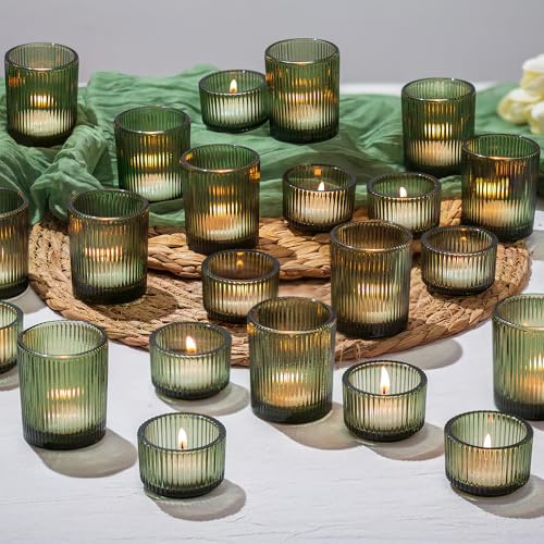 Glasseam Teelichtgläser Grün Teelichthalter Glas: 24er Set Teelichtglas Gerippt Teelicht Gläser für Tischdeko Klein Kerzengläser Votivkerzenhalter für Tisch Weihnachten Hochzeit Deko