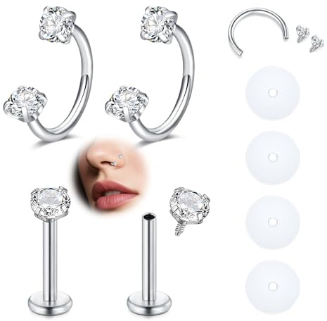 AVYRING 8 stycken CZ Horseshoe piercing & flatback studsar för kvinnor, 18 g internal tråd kirurgisk stål medusapiercing smycken för näsa, septum, lab, läpp, helix, daith & rook 8 mm, silver/guld