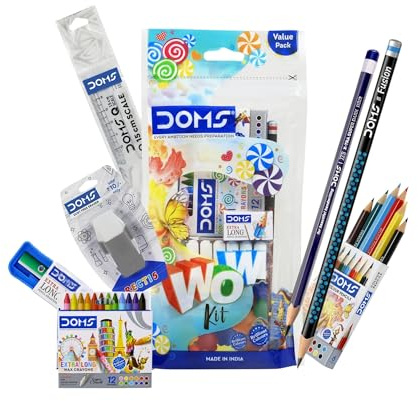 Doms WOW Kit skolset med 2 grafitpennor, 6 färgpennor, 12 vaxkritor, linjal, 15 cm, gummi, med slanghållare och pennvässare