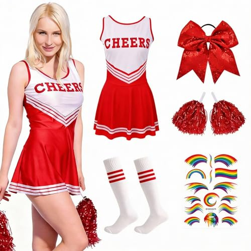 yolzhxe Cheerleader kostym, vuxen cheerleaderdräkt med poms, strumpor och hårgummi, mjuk och bekväm Cheerleader Costume lämplig för rollspel och halloween
