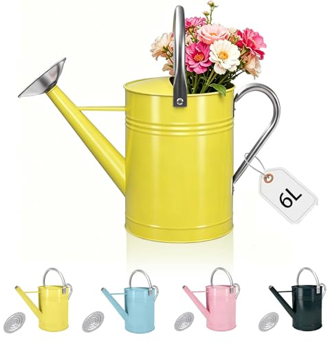 Annaffiatoio decorativo in stile campagna da 1,7 galloni giallo con beccuccio rimovibile, annaffiatoio zincato per piante da interno ed esterno, annaffiatoio in metallo per piante da interno e fiori