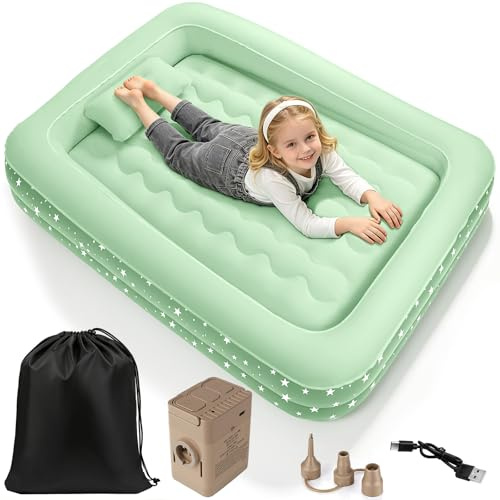 IEEILULU Colchón Hinchable con Bomba Eléctrica, Cama Inflable de Viaje para Niños Rápido Inflado y Desinflado, Portátil Cama de Aire con Almohada para el Hogar, Viajes y Camping (Verde)