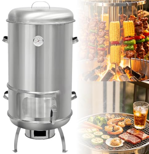 SHENGSHIYU Ahumador Barbacoa,Barril Asador De Carne,Parrilla Colgante Vertical De Acero Inoxidable Carbón 40 Cm Diámetro,Parrilla 3 En 1: Asador De Pollo, Barbacoa, Ahumador De Carne