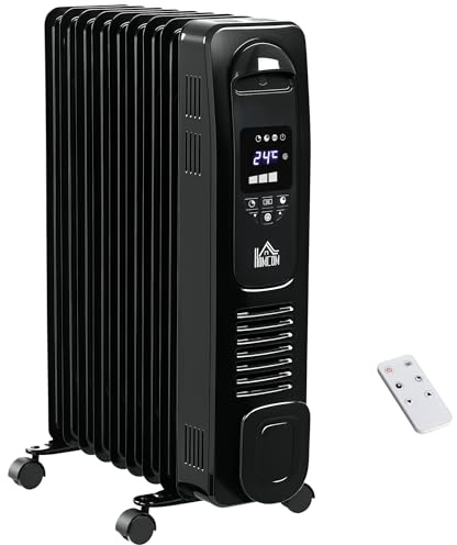 HOMCOM 2000W Digital Oil Filled Radiator, 9 Fin, Portable Electric Heater with LED Display, 24-Hour Timer, 3 Heat Settings, Safety Cut-Off and Remote Control, Black