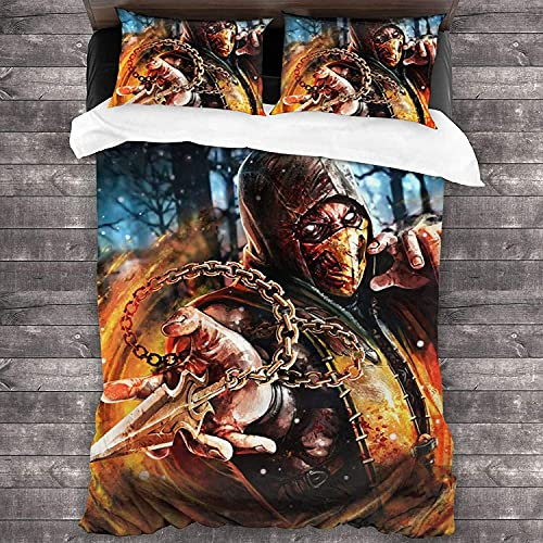 ANSSON Mortal Kombat Kinder Bettwäsche Scorpion Spielfan Bettbezüge und 2 Kissenbezug,Schlafzimmer dekorative Bettwäsche-Sets Pflegeleicht (135x200cm+80x80cmx2, Mortal3)