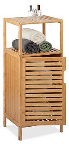 Relaxdays Mueble de Baño de Bambú, 87 x 36,5 x 33 cm, Estantería Aseo Estrecha con Puerta, 2 Baldas Abiertas, Natural