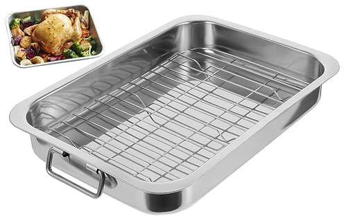 U HOME Stainless Steel Roasting Pan with Rack, Roaster with Baking Rack, Baking Pans, Cooking Tray, Dishwasher Safe Cookware. (Extra Large 42x31x7cm)