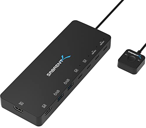 SABRENT KVM Switch - 2 Port USB-C Inputs, 60W PD 3.0, Dual HDMI, Thunderbolt Compatible, Control Two PCs with One Monitor