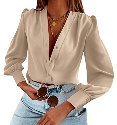 Women's Business Casual Tops Summer Long Sleeve Silk Button Down Shirts V Neck Chiffon Blouses