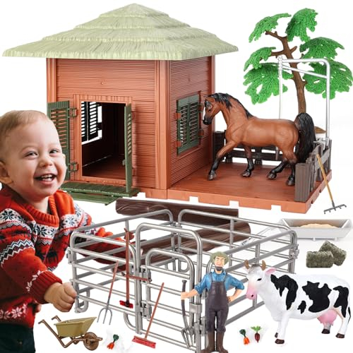Hyrenee Farm Toys Bauernhof Spielzeug Tierfiguren Set Bauernhof Zaun Pferd Kuh Landwirt Spielsets für Kinder Jungen Alter 3-7 Jahre alt