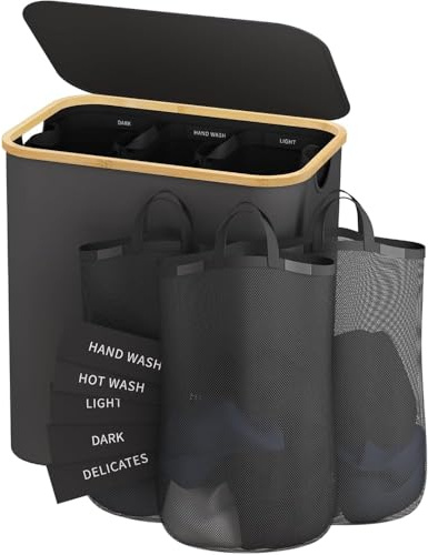 Laundry Hamper with Lid, 160L Dirty Clothes Hamper for Laundry Basket 3 Section, Extra Large Laundry Sorter Hamper 3 Compartment with Removable Inner Bags & Labels, Dark Grey