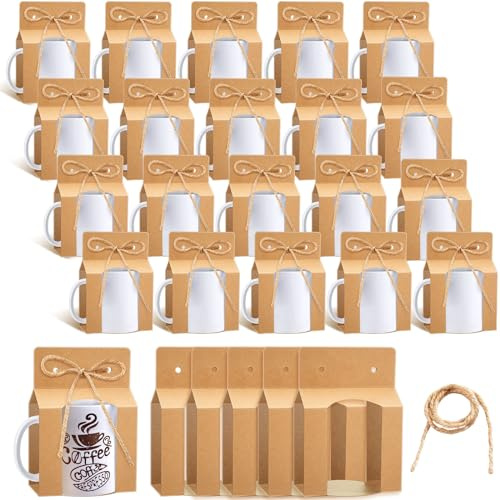 Kosiz 36 Pcs Kraft Mug Boxes Sublimation Coffee Mugs Gift Bags with Window Packaging Storage Box for Shipping Selling Wedding Gift Packaging Wrapping (for 11oz Mug)