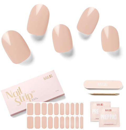 NAILOG Semi Cured Gel Nail Strips, 20 Pieces Extra Long Nail Polish Strips, Long Lasting Semi Cured Gel Nail Stickers with Soft Glossy Finish,in The Nude
