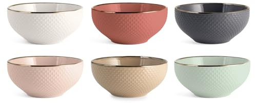 H&H Set di 6 Bowl/Ciotole Colazione Dots 670 cc – Stoneware, Colori Pastello Assortiti, Adatte Lavastoviglie e Microonde, Con Effetto Bronzo su Manici e Bordi